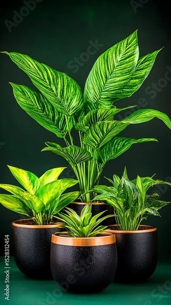 Obraz Three vibrant green houseplants in dark, metallic pots against a deep green backdrop.  The central plant is taller, with broader leaves, flanked by smaller plants in matching pots with a copper band