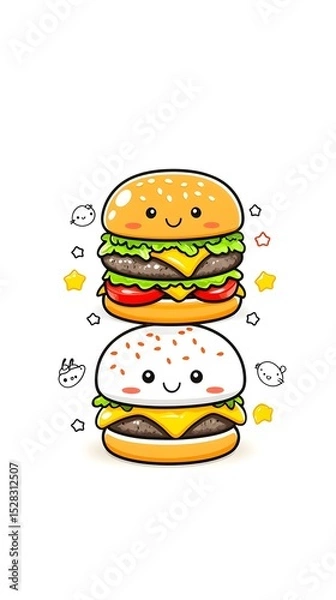 Obraz Two kawaii-style burgers, one double patty with sesame bun, the other single patty with white bun, stacked vertically, adorned with stars and bunny-like shapes, displaying cheerful expressions