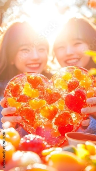 Obraz Two smiling women hold a large, heart-shaped candy with smaller hearts embedded, backlit by sunlight in an autumnal setting with colorful produce in the foreground