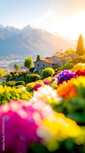 Obraz Vibrant flower garden blossoms in the foreground, blurring softly to reveal stone houses nestled on a hillside beneath majestic mountains bathed in the warm glow of sunrise or sunset