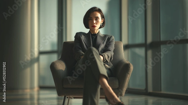 Fototapeta Asian woman sitting confidently in a modern office chair surrounded by large windows, exuding professionalism and elegance in a corporate setting. Image made using Generative AI.