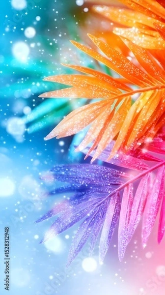 Obraz Vibrant, iridescent palm fronds, seemingly dusted with frost or glitter, are set against a blurred, bokeh-filled background of teal, blue, and white, creating a surreal, dreamlike tropical scene