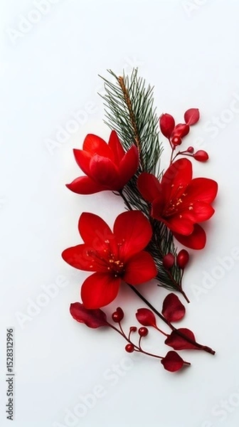 Obraz Vibrant red flowers, evergreen sprigs, and deep red berries artfully arranged on a clean white background, creating a festive and elegant composition
