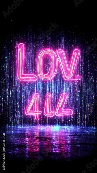Obraz Vibrant pink neon "LOV 4LL" sign, with a glittery, digital rain backdrop reflecting on a wet, dark surface.  The letters are three-dimensional, glowing brightly against the dark background