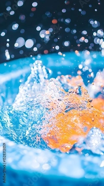 Obraz Vibrant splash of water, illuminated by bokeh, showing an orange object submerged, creating a dynamic, translucent, and texturally rich image