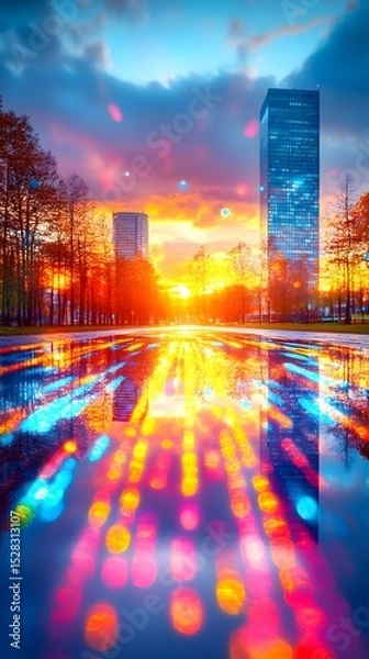 Obraz Vibrant sunset over a city park, reflected in a still pool of water, showing colorful bokeh lights and tall buildings silhouetted against the fiery sky