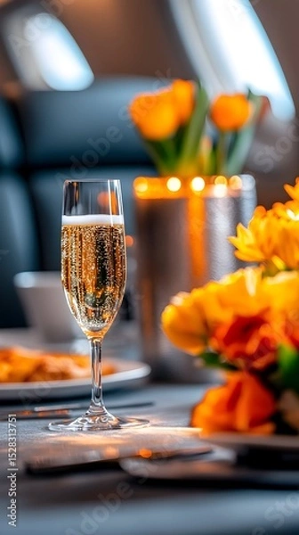 Fototapeta A flute of sparkling wine sits on a table set in a private jet, next to a bouquet of orange tulips and a partially visible breakfast plate. Soft lighting creates a luxurious, intimate atmosphere