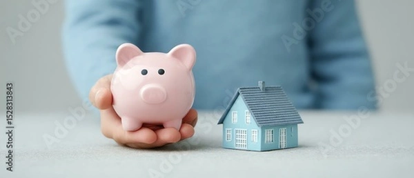 Fototapeta A person holds a pink piggy bank with a miniature house beside them, symbolizing savings and investment in real estate, highlighting financial planning and security.
