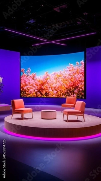 Fototapeta A pastel pink and purple studio set features two armchairs flanking a small round table on a raised circular platform with pink neon lighting, all set against a large curved screen displaying a