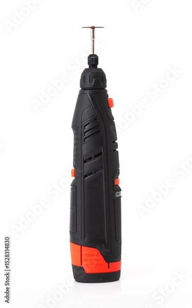 Fototapeta Close-up of a cordless rotary tool with cutting disc, isolated on white background, used for DIY, crafting, and precision work.