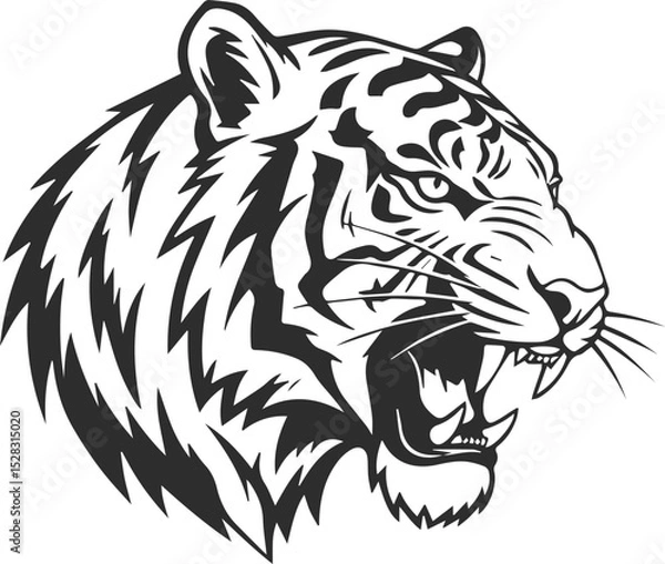 Fototapeta Silhouette of an angry tiger in black, logo of a tiger head roaring and looking to the right, icon of a tiger in black.