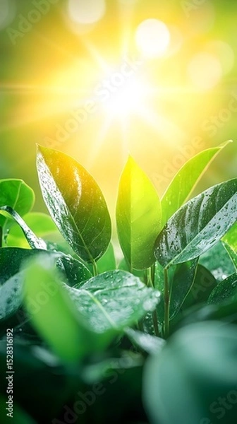 Fototapeta Lush green leaves glistening with dew, backlit by a bright sun, creating a vibrant, sun-drenched scene