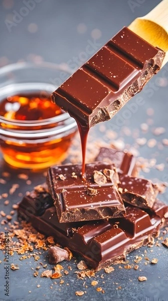 Fototapeta Melted dark chocolate flows from a wooden spoon onto a pile of broken chocolate pieces, next to a small bowl of amber liquid.  Chocolate shavings are scattered on the dark surface