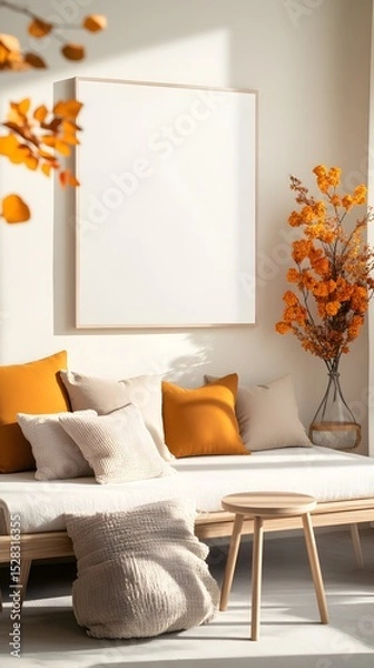 Fototapeta Minimalist autumnal living space featuring a light-colored sofa with beige and mustard yellow cushions, a large blank canvas, and dried orange leaf branches, bathed in natural sunlight.  A light wood