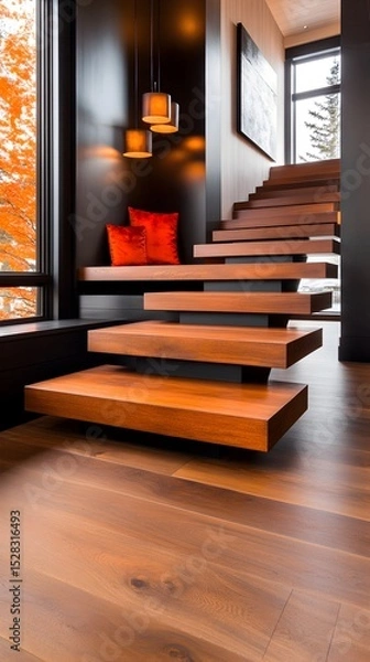 Fototapeta Modern floating staircase with rich wood tones, a built-in seating area featuring red pillows, and large windows showcasing autumn foliage.  Dark walls and pendant lights add to 