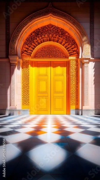 Fototapeta Ornate golden double doors recessed within a sunlit architectural alcove, featuring intricate carvings above and a checkered floor reflecting light