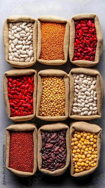 Obraz Nine small burlap sacks filled with various dried legumes and pulses are arranged in a grid on a gray surface.  Each sack contains a different type of bean or lentil