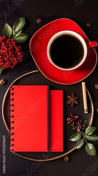 Fototapeta Overhead shot of a red coffee cup and saucer, two red notebooks, pencil, coffee beans, star anise, and red berries on a dark surface