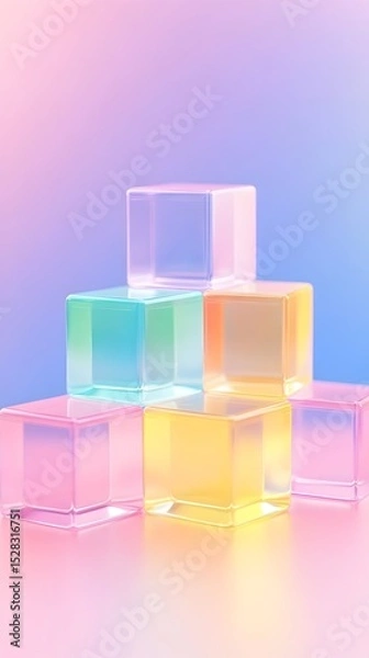 Fototapeta Pastel-colored translucent cubes arranged in a pyramid-like structure against a soft, blurred gradient background.  The cubes exhibit a glossy sheen and subtle color variations