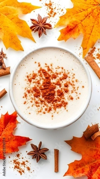 Fototapeta Overhead view of a creamy beige beverage in a white bowl, topped with cinnamon powder.  Surrounding it are autumnal orange and yellow maple leaves, cinnamon sticks, and star anise. The scene is set