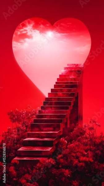 Fototapeta Red heart-shaped portal reveals a sunlit sky above a stairway ascending from a rose garden, all rendered in deep crimson hues