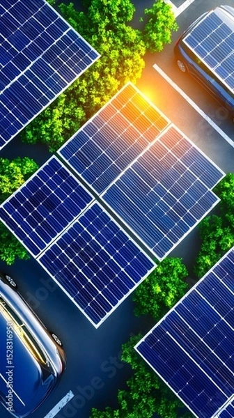 Fototapeta Overhead view of solar panels nestled between lush greenery and parked electric vehicles in a parking lot, bathed in sunlight