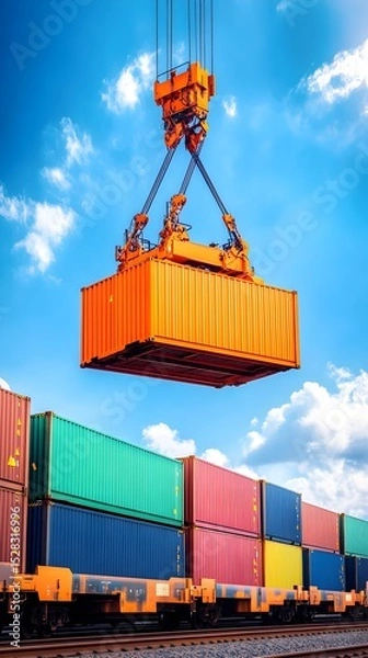 Fototapeta A vibrant orange shipping container hangs suspended from a crane against a backdrop of a colorful stack of containers on a rail line under a bright, partly cloudy sky