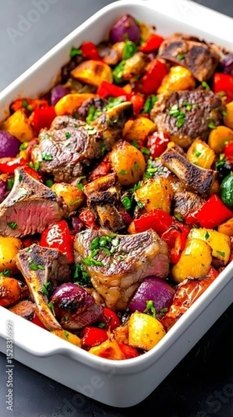 Fototapeta Roasted lamb chops and colorful vegetables, herbs, in a white baking dish, seasoned and glistening, ready to serve