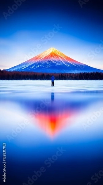 Fototapeta Serene sunrise illuminates a snow-capped mountain perfectly reflected in a still lake, a lone figure silhouetted in the foreground, creating a breathtakingly symmetrical composition