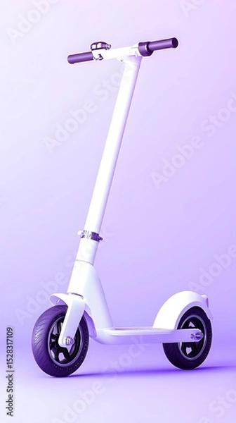 Fototapeta Sleek, white electric scooter on a lavender background, angled slightly to the left, showcasing its minimalist design and foldable frame.  The scooter features black tires and subtle detailing