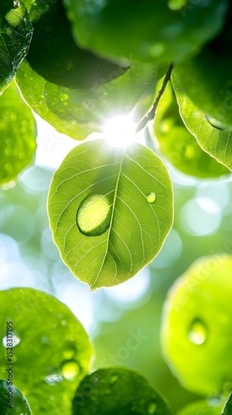 Fototapeta Sunlit leaf with dewdrop, backlit against a bokeh of green foliage, showcasing vibrant green tones and a sense of natural serenity