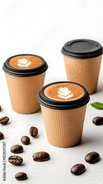 Fototapeta Three disposable coffee cups with latte art, scattered coffee beans, and a leaf on a white background. The cups are light brown and have black lids