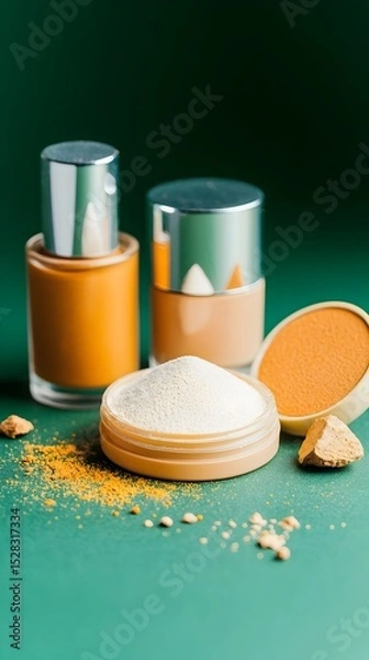 Fototapeta Two bottles of foundation, a compact of face powder, and loose powder sit on a dark teal background with small amounts of loose powder scattered around them. The bottles have silver tops and the