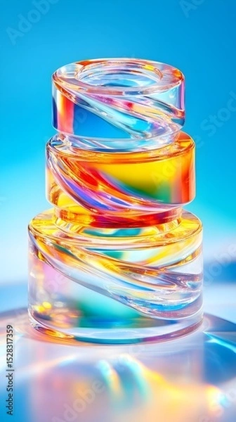 Fototapeta Three vibrant, cylindrical glass objects stacked, showcasing swirling internal rainbow patterns against a bright blue backdrop and iridescent reflective surface.  The light refracts beautifully
