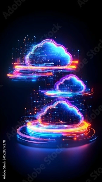 Obraz Three vibrant, glowing cloud icons, rendered in a digital, abstract style, float above a circular, neon base, suggesting data transfer or cloud computing.  The clouds are composed of particles and