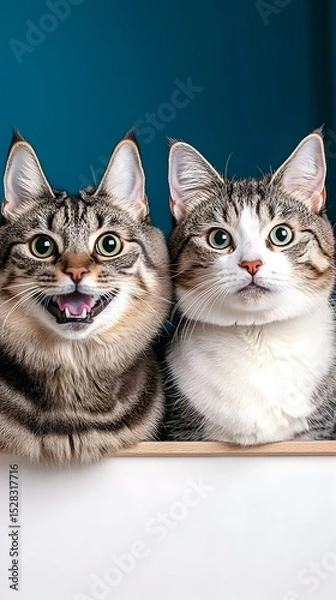 Fototapeta Two tabby cats, one with an open mouth and surprised expression, the other with a curious gaze, sit side-by-side atop a white surface against a teal backdrop