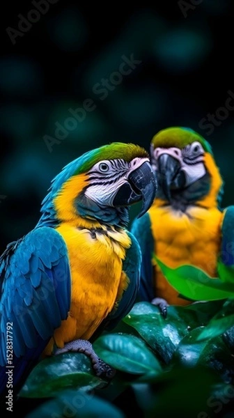 Fototapeta Two vibrant blue and gold macaws perched closely together on lush, dark green foliage against a deep black background, creating a striking contrast of colors and textures
