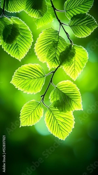 Fototapeta Vibrant, backlit, fresh green leaves on a slender branch, illuminated against a softly blurred green background, showcasing intricate leaf venation and subtle shadowing