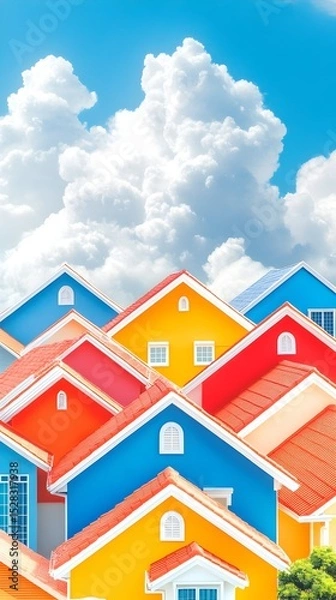 Fototapeta Vibrant, colorful houses clustered together under a bright, partly cloudy sky.  The houses are various shades of red, orange, yellow, and blue, with visible windows and simple architectural details
