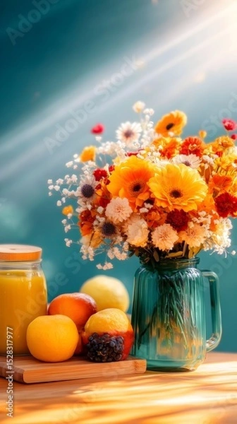 Fototapeta Vibrant bouquet of orange and yellow flowers in a teal glass vase, accompanied by a jar of yellow liquid and assorted citrus fruits on a wooden surface, bathed in sunlight against a teal background