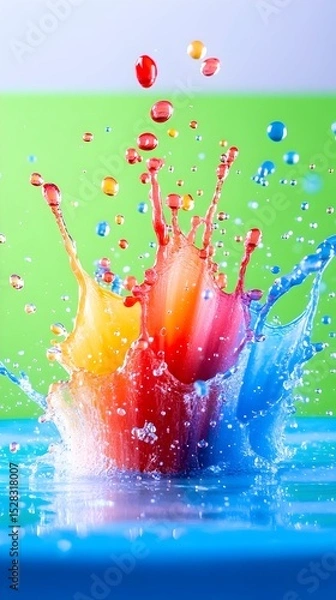 Fototapeta Vibrant multicolored liquid droplets explode upon impact with a blue surface, creating a dynamic splash against a lime green background; tiny droplets are suspended mid-air