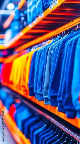 Fototapeta Vibrant orange shelves display folded and hanging apparel in various shades of blue and orange. The image is sharply focused on the garments, creating a sense of depth and highlighting