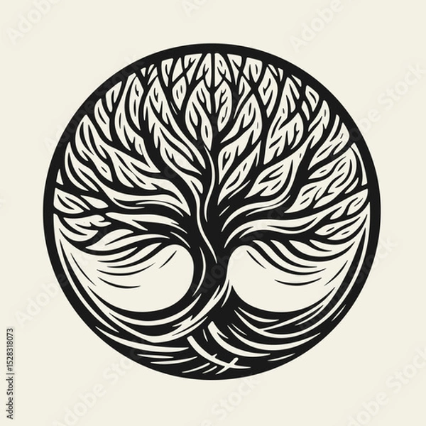 Fototapeta Black and white flat vector illustration of Yggdrasil, the World Tree from Norse mythology, enclosed in a circle. Suitable as a logo or t-shirt print in a minimalist symbolic style.