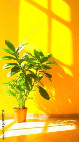 Fototapeta Vibrant yellow wall casts sunlit shadows on a potted ficus plant and smaller companion plant, creating a bright, cheerful indoor scene.  The terracotta pot sits on a sun-drenched floor