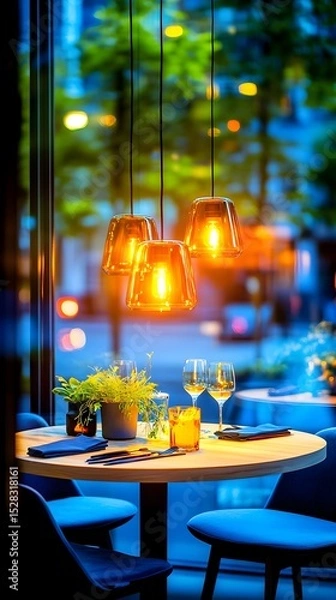 Fototapeta Warm, amber pendant lights illuminate a stylish, round table set for two in a modern restaurant, viewed through a large window overlooking a blurred city night scene
