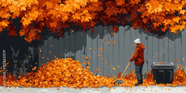 Fototapeta Gardener raking autumn leaves in a vibrant backyard with an orange tree and a trash bin