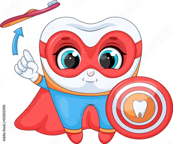Fototapeta Superhero tooth cartoon with shield and toothbrush vector illustration