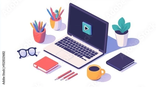 Fototapeta A vibrant workspace featuring a laptop, notebooks, pens, coffee, and plants, ideal for productivity and creativity.