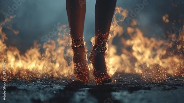 Fototapeta Woman with sparkling high heels walking on fire in a dark and cinematic scene, creating a dramatic and magical atmosphere with embers and flames