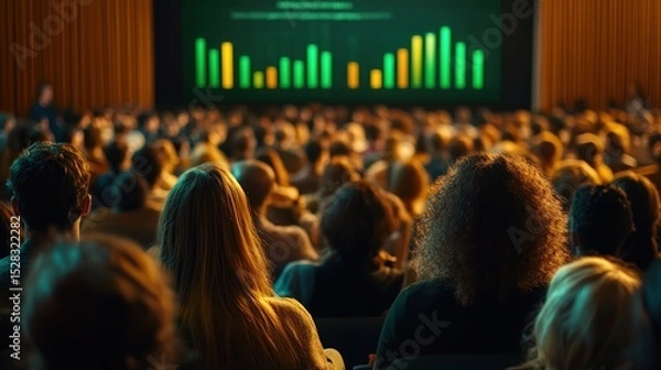 Obraz Diverse audience watching presentation with green and yellow bar graphs in theater